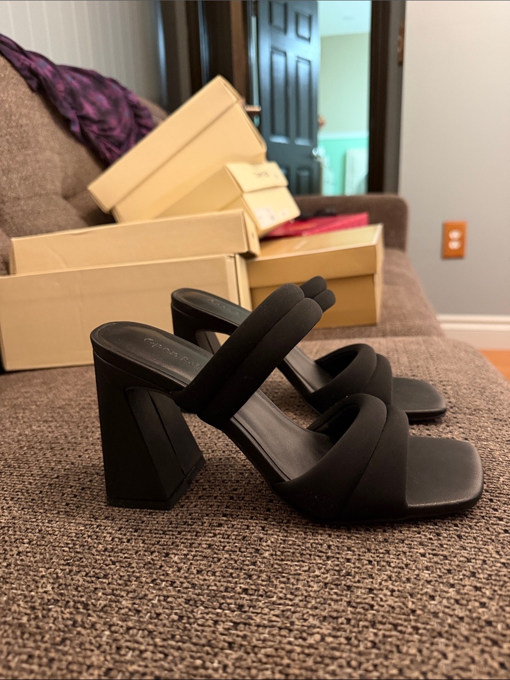 Open Edit Black Strappy Block Heel Sandals - Women